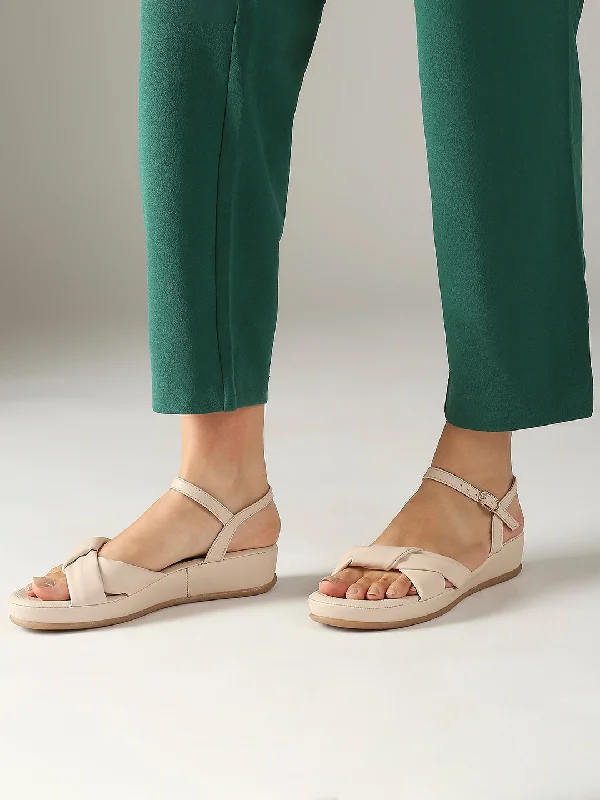 Stylish sandals for women with thong style and colorful detailing for fun-Women Cream Textured Open Toe Comfort Heels With Buckles