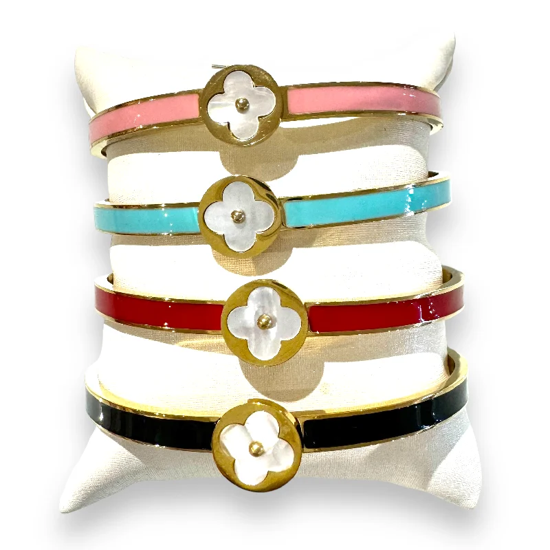 Gold bracelets with delicate diamond charm accents -Enamel Inlay Clover Station Bangle Bracelet