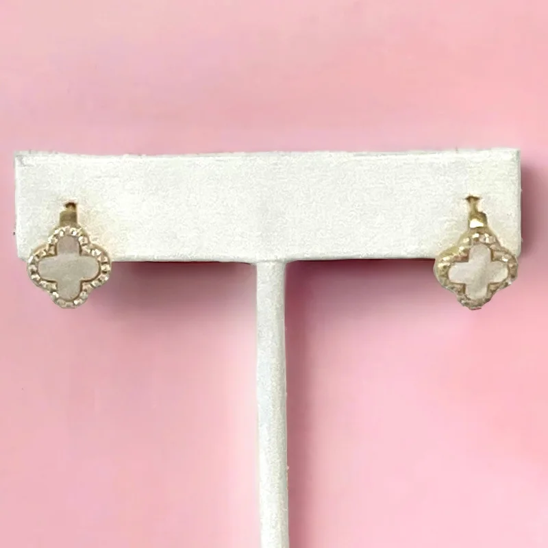 Drop Earrings with Debossed Designs -Mother of Pearl and CZ Clover Huggies