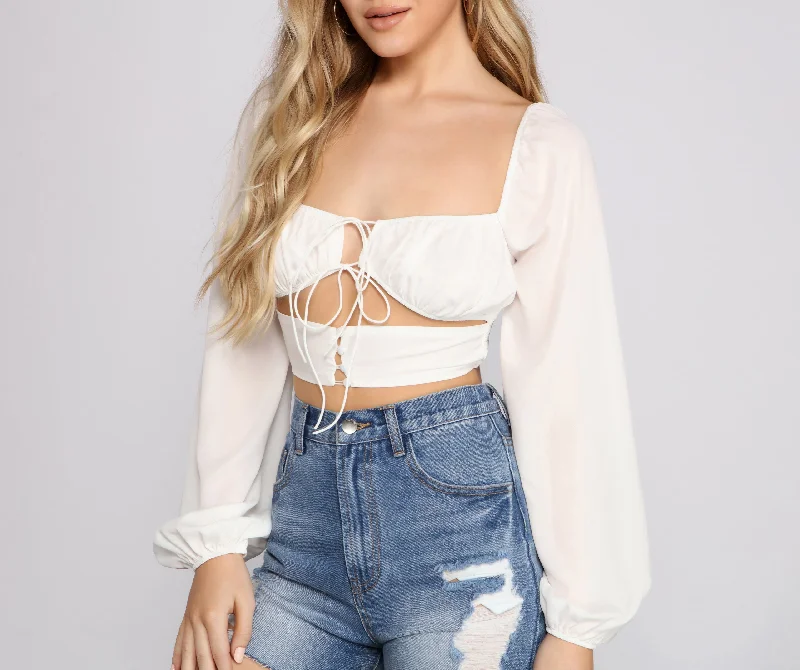 High-neck crop top for women with snug fit and casual chic look-Boldly Chic Tie Front Crop Top