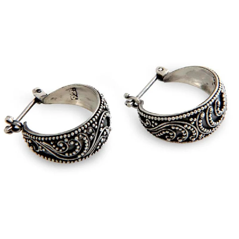 Drop Earrings with Chevron Designs -Sterling Silver 'Moonlit Serenade' Half Hoop Earrings (Indonesia)