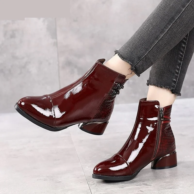 Elegant sandals for evening wear with crystal embellishments and high heels-Women Boots Woman Short Boots Soft Patent Genuine Leather Autumn Winter Shoes Square Heels Female