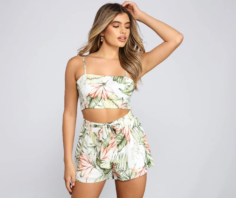 Boho style crop top for women with embroidery details and flowy sleeves-Vacay On My Mind Tropical Print Crop Top