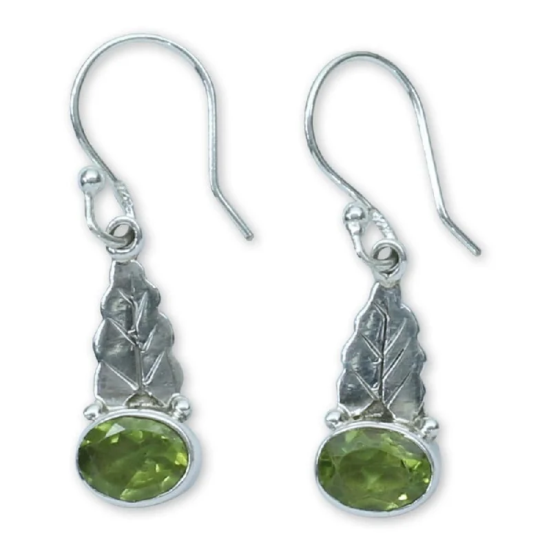 Gothic Drop Earrings with Dark Tone -Handmade Sterling Silver 'Green Leaves' Peridot Earrings (India)