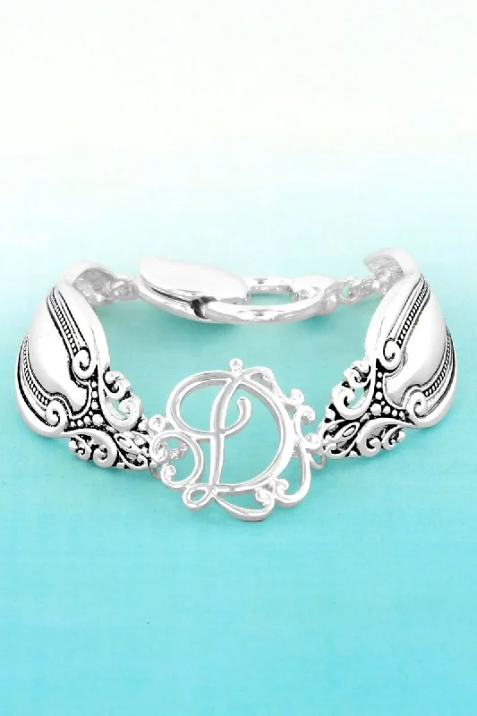 Bracelets with faceted aquamarine for sea glow -SALE! Silvertone 'D' Flourish Initial Spoon Bracelet