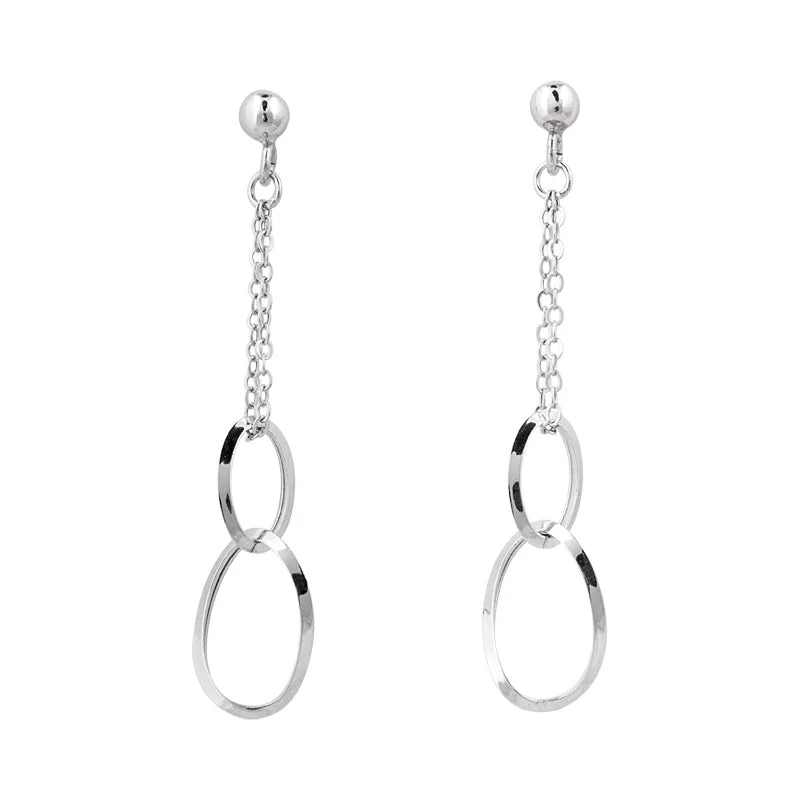 Diamond Drop Earrings for Luxury -Chain and Double Oval Design Dangle Earrings - 14kt White Gold