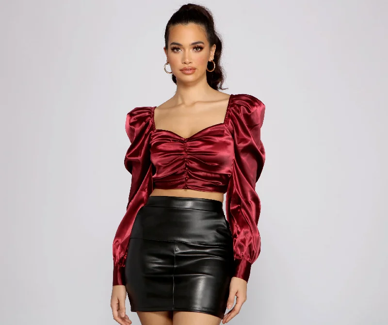 Lightweight crop top for women with airy fabric and breathable design-Falling For You Puff Sleeve Satin Crop Top