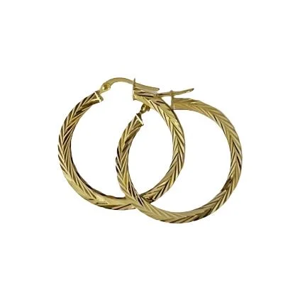 Drop Earrings with Filigree Work -Medium Diamond Cut Hoop Earrings - 14kt Yellow Gold