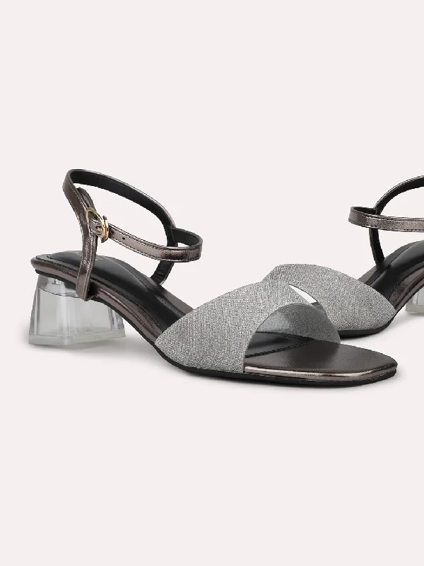 Slip-on sandals for women with adjustable straps and flexible material for comfort-Womens Pewter Party Wear Solid Square Heels