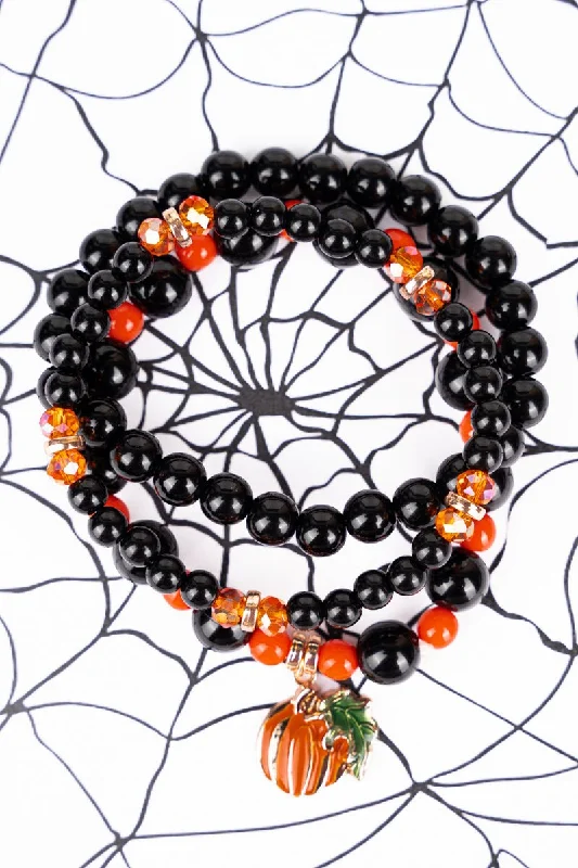 Bracelets with engraved messages for sentiment -Pumpkin Picking Black & Orange Beaded Bracelet Set