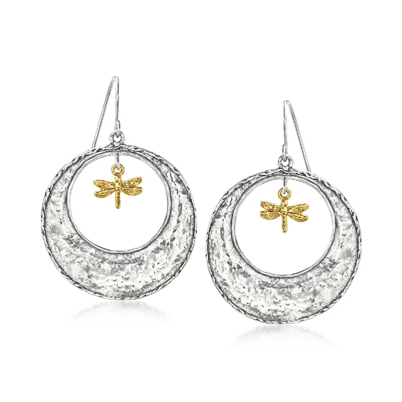 Drop Earrings with Matte Finish -Ross-Simons Sterling Silver and 18kt Gold Over Sterling Dragonfly Open-Circle Drop Earrings