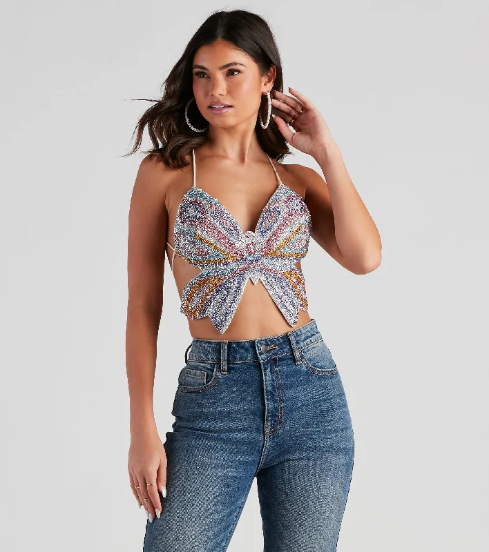 Short-sleeve tie-front crop top for women with adjustable front knot-Mystical Glam Butterfly Glitter Crop Top