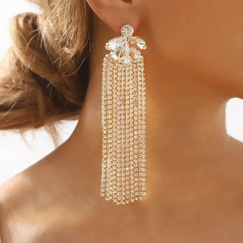 Beaded Drop Earrings for Party -Wholesale Fashion Full Diamond Long Tassel Earrings