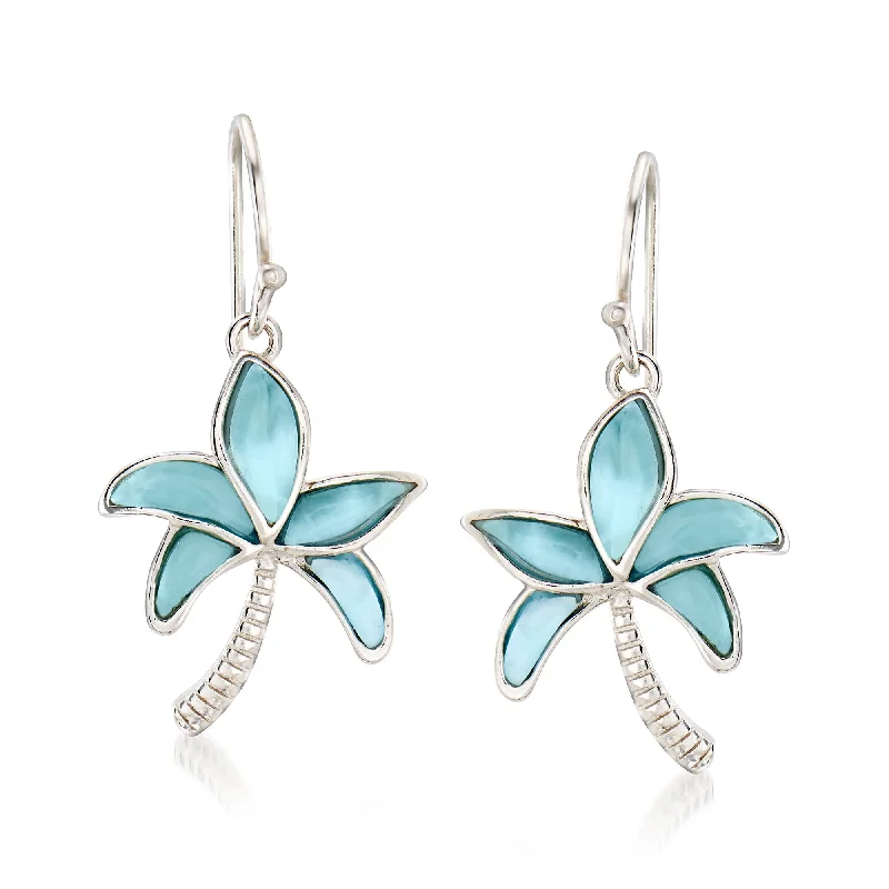 Retro Drop Earrings for Nostalgia -Ross-Simons Larimar Palm Tree Drop Earrings in Sterling Silver