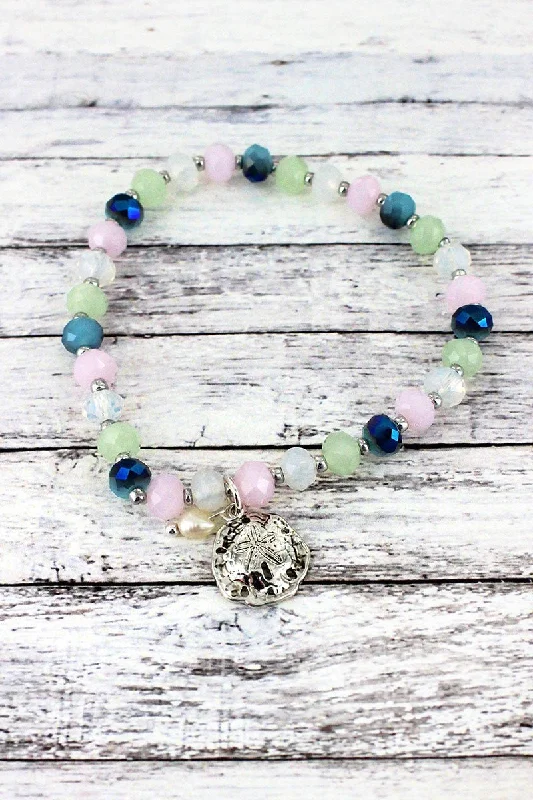 Bracelets with sapphire gems for blue sparkle -SALE! Silvertone Sand Dollar Charm Light Multi-Color Beaded Bracelet