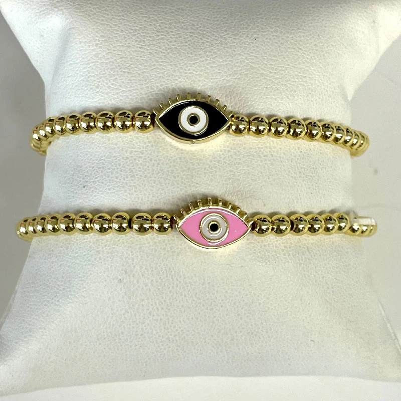 Bracelets with smoky quartz for muted tones -Stretch Beaded Bracelet With Evil Eye/Lash Charm