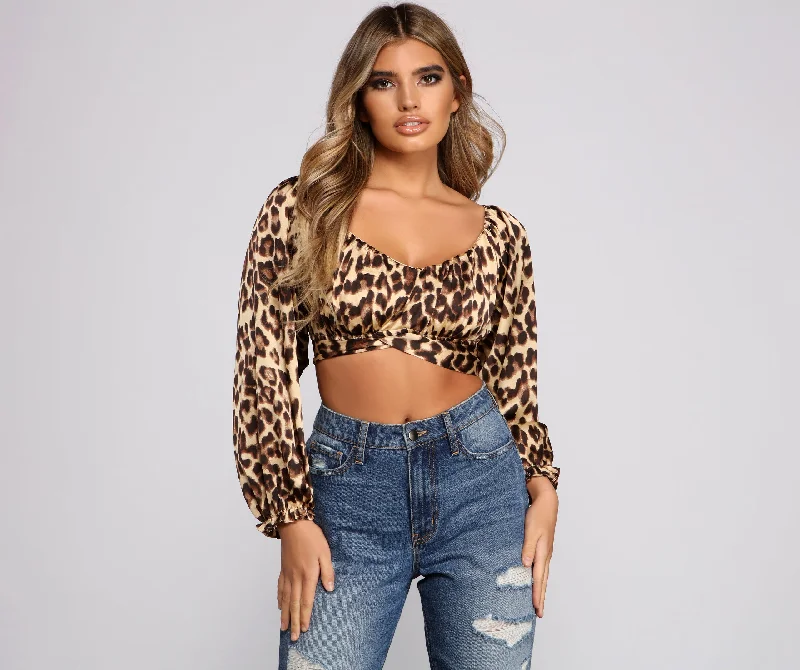 Metallic crop top for women with shiny fabric and bold fashion statement-Feline Fierce Leopard Print Crop Top