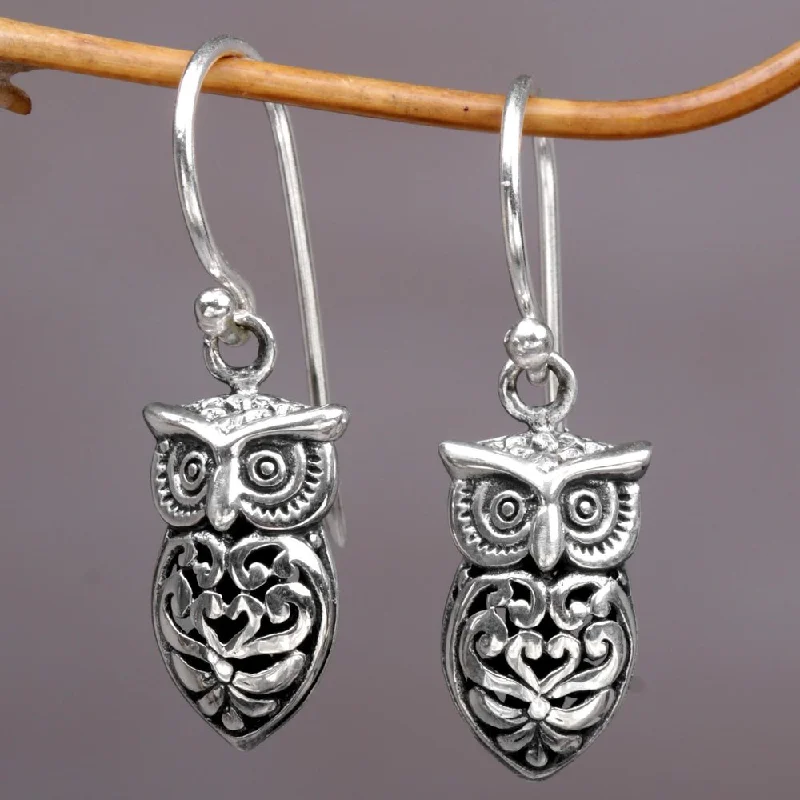 Diamond Drop Earrings for Luxury -Handcrafted Sterling Silver 'Owl Heart' Earrings (Indonesia) - 10mm W * 30mm L