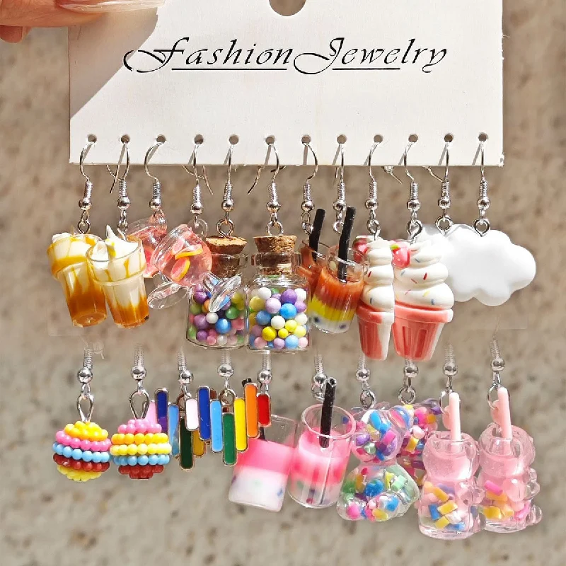 Drop Earrings with Crown Designs -Wholesale 11pcs/set Cartoon Animal Bear Simulation Food Milk Tea Earrings