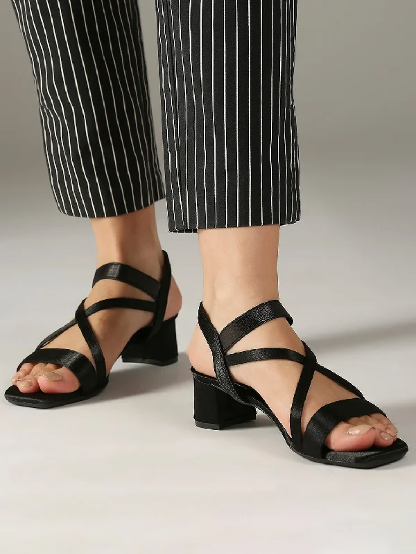 Comfortable sandals for women with soft cork footbed and rubber outsole-Women Black Open Toe Block Heels With Backstrap