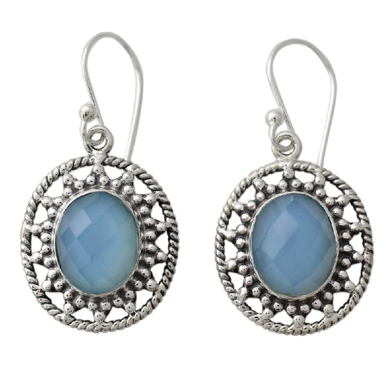 Drop Earrings with Filigree Work -Sterling Silver 'Azure Ice' Chalcedony Earrings