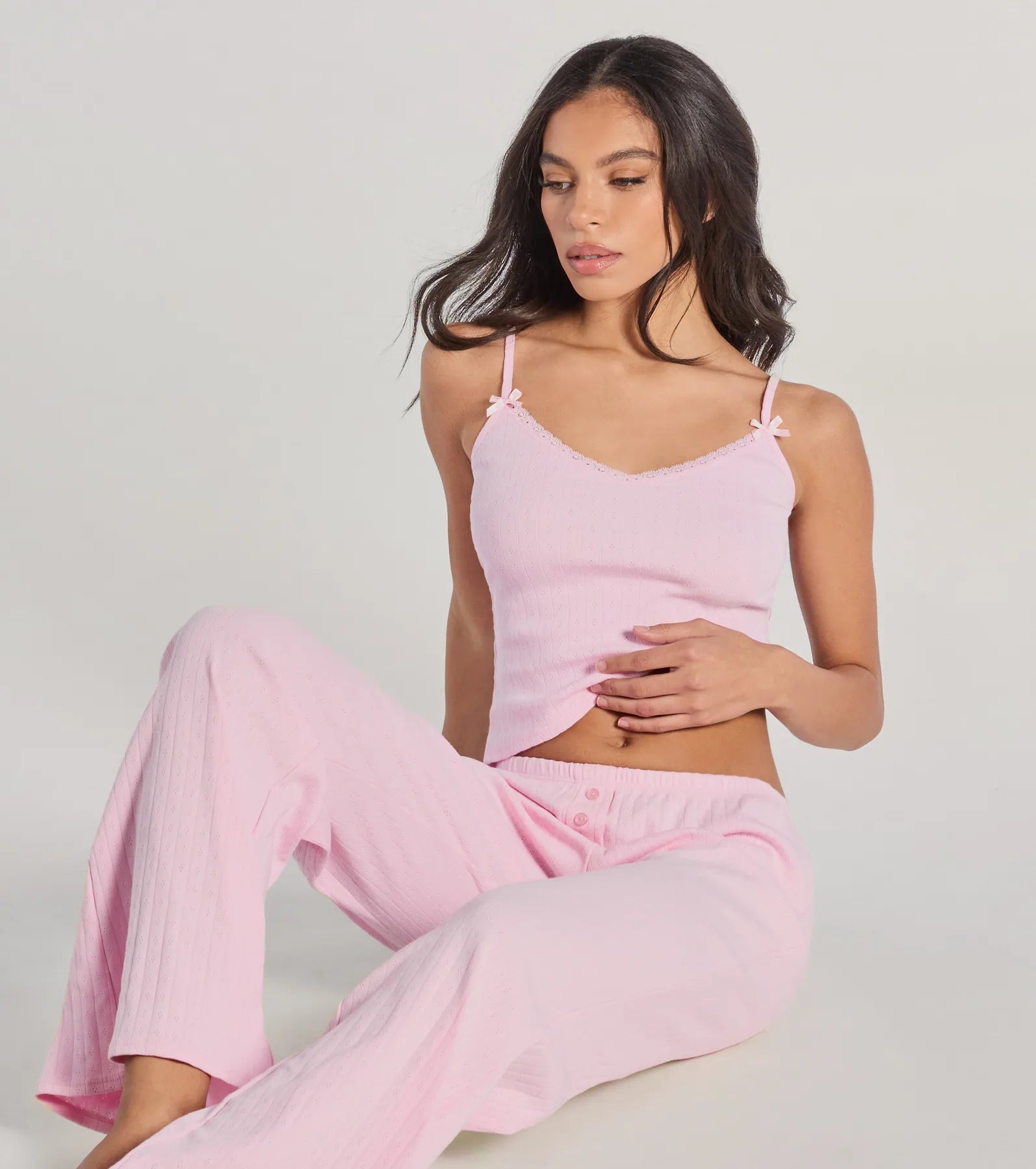 Fashion-forward crop top for women with bold colors and geometric patterns-Sleeping In V-Neck Pointelle Pajama Crop Top