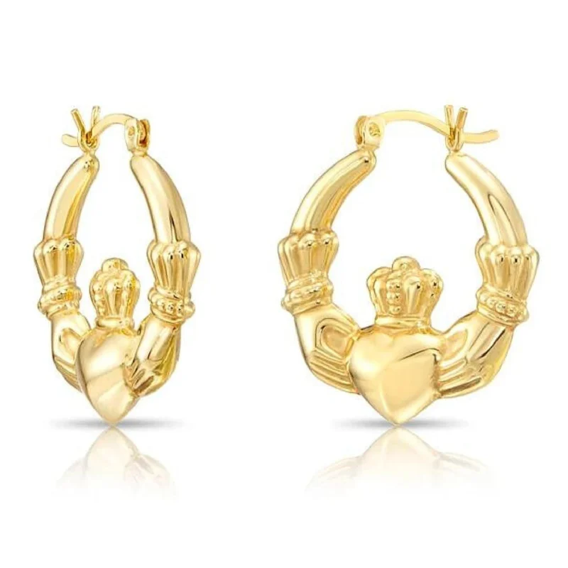 Drop Earrings with Enamel Coating -925 Sterling Silver Gold-Tone Heart & Crown Claddagh Hoop Earrings