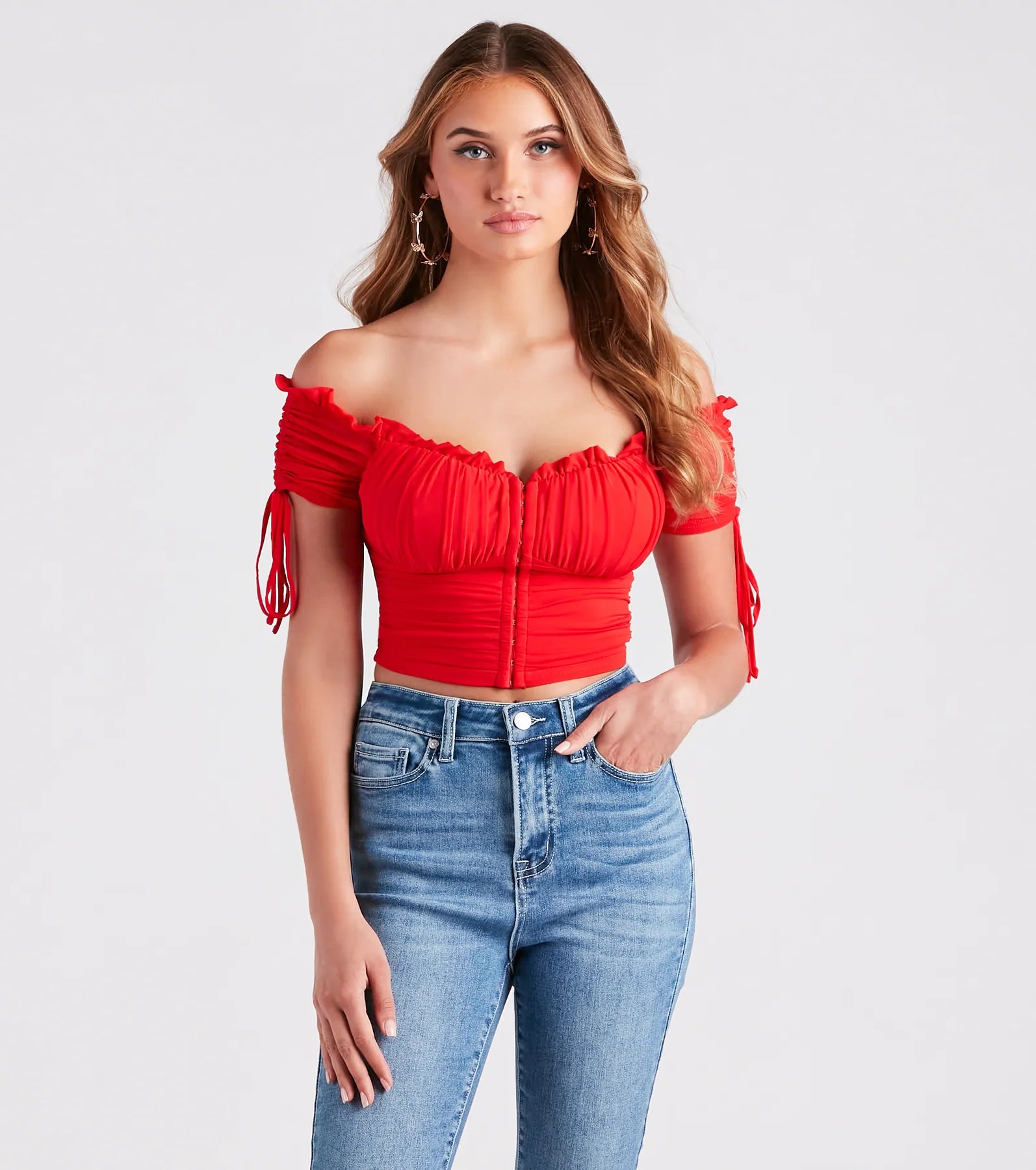 Wrap-around crop top for women with chic knot design and stylish look-Hooked In Ruched Crop Top