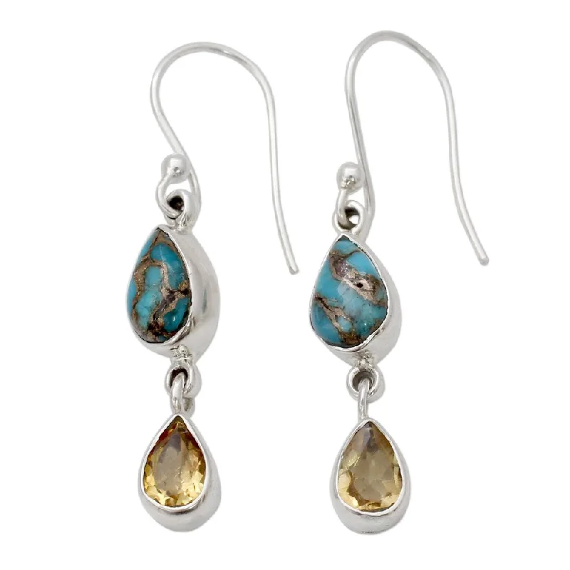 Drop Earrings with Abstract Designs -Handmade Sterling Silver 'Heavenly Light' Citrine Turquoise Earrings (India)