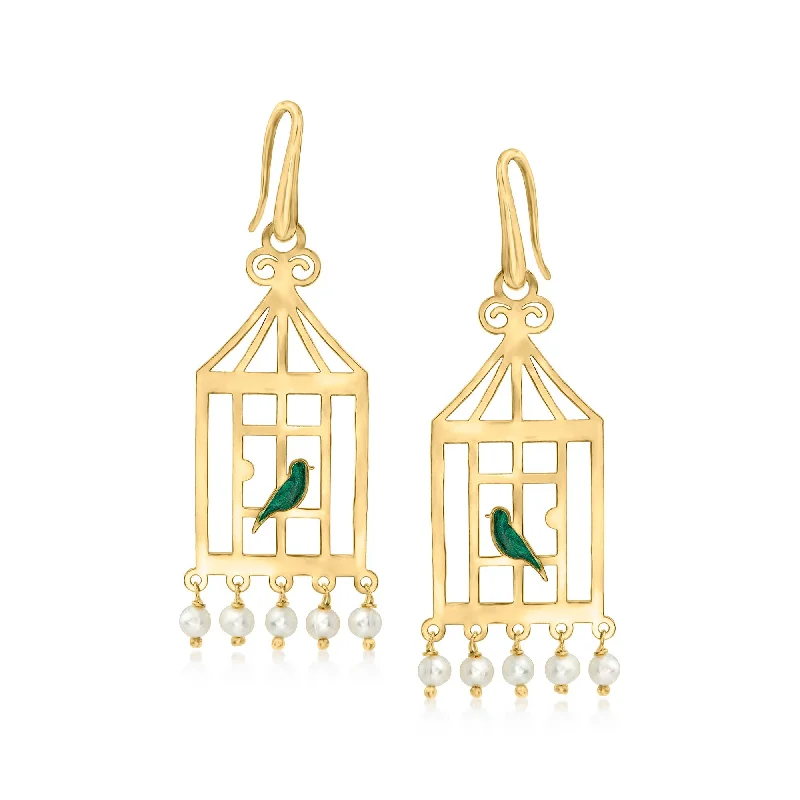 Drop Earrings with Enamel Coating -Ross-Simons Italian 4-4.5mm Cultured Pearl and Green Enamel Bird Cage Drop Earrings in 18kt Gold Over Sterling