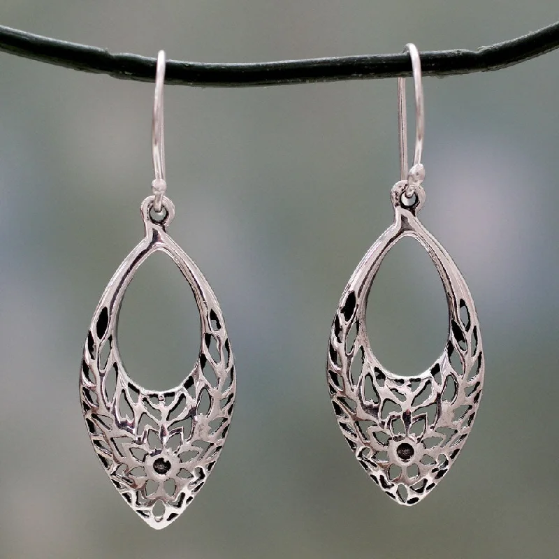 Drop Earrings with Debossed Designs -Handmade Sterling Silver 'Jali Blossoms' Earrings (India)