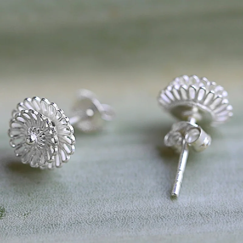 Drop Earrings with Symbolic Elements -Handmade Sterling Silver Zinnia Flowers Earrings (Thailand) - 0.2*0.4