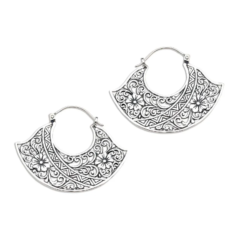 Drop Earrings with Floral Motifs -NOVICA Cape of Flowers, Sterling silver hoop earrings - 1.2*1.6