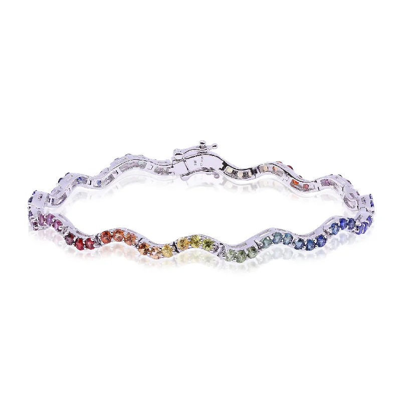 Bangles with rose-cut gems for vintage -14K WHITE GOLD DIAMOND-CUT DOUBLE RAINBOW SAPPHIRE TENNIS BRACELET