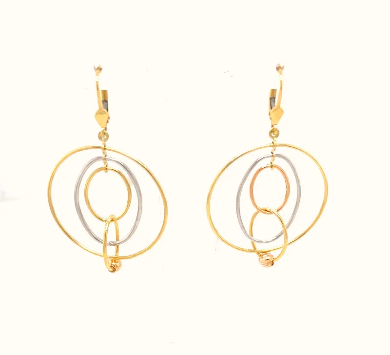 Drop Earrings with Polished Shine -Oval and Triple Open Circle Design Dangle Earrings - 14kt Two-Tone Gold