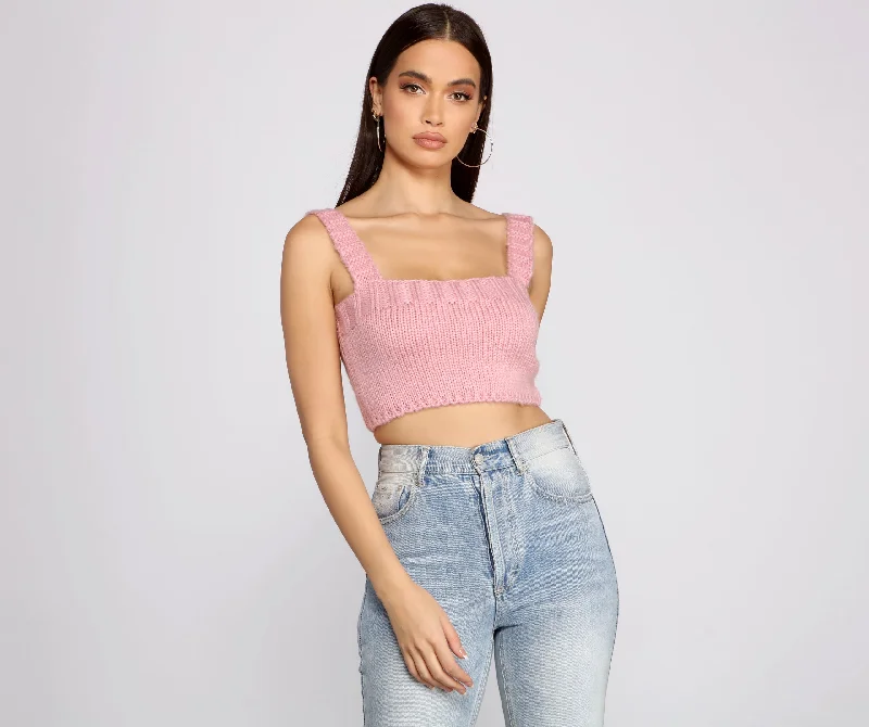 Off-shoulder crop top for women with flared sleeves and stylish neckline-Cute And Chic Sweater Knit Crop Top