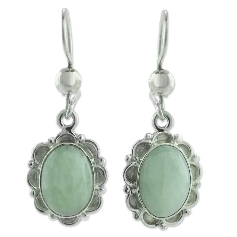 Drop Earrings with Wave Designs -Handmade Sterling Silver 'Apple of the Forest' Jade Earrings (Guatemala)