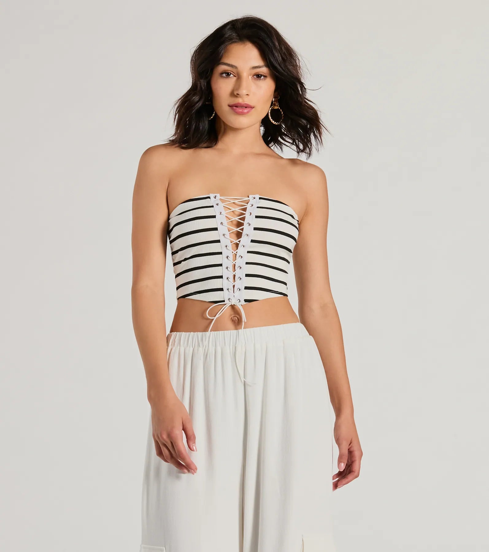 Sporty racerback crop top for women with athletic design and flexible fit-Bold Babe Strapless Lace-Up Striped Crop Top