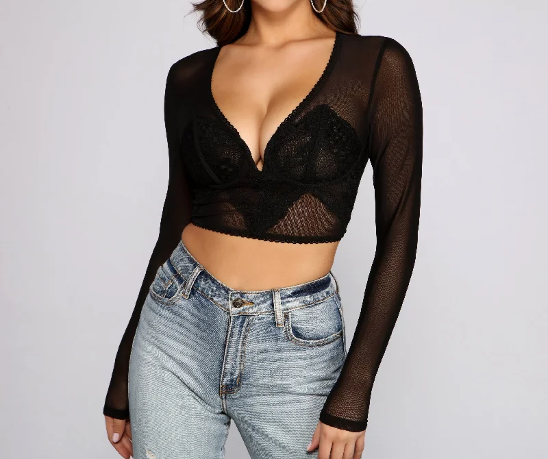 V-neck crop top for women with chic cut and flattering shape-Simply Stunning Sheer Mesh Crop Top