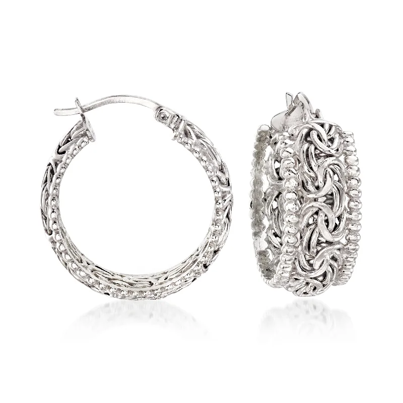 Drop Earrings with Textured Surface -Ross-Simons Sterling Silver Beaded-Edge Byzantine Hoop Earrings