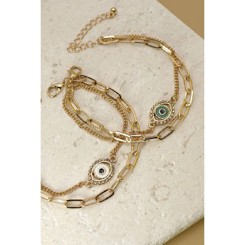 Bracelets with crescent moon for lunar appeal -Rhinestone Epoxy Eye Chain Bracelet | Double Layer Gold Tone Jewelry