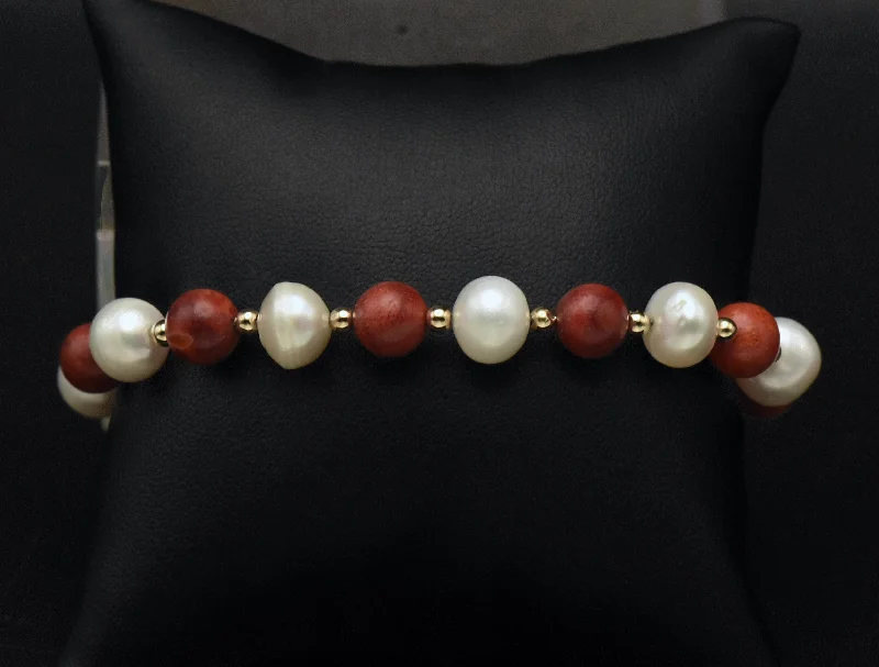 Bangles with herkimer diamonds for raw clarity -Vintage 14K Gold Red Coral and Cultured Pearl Bracelet