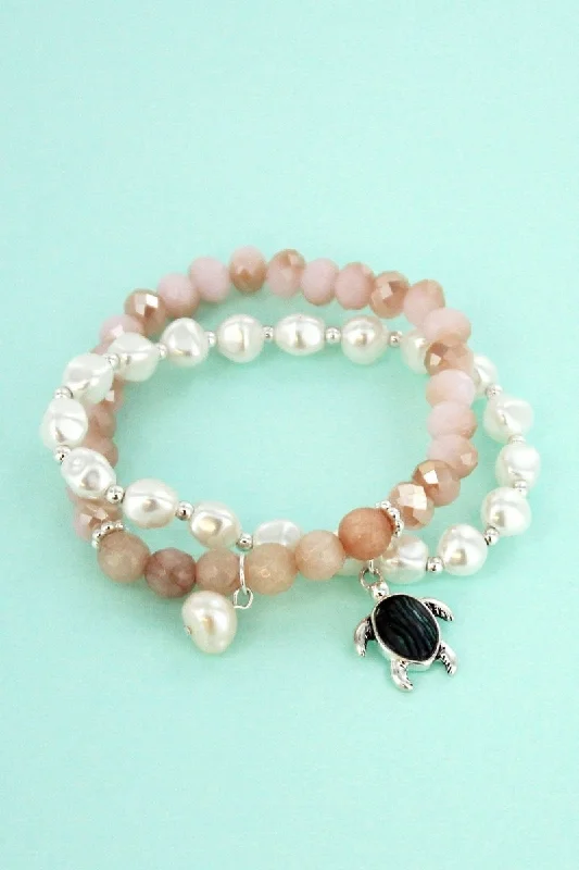 Bracelets with polished coral for vibrant shine -SALE! Abalone Turtle Charm Pearl and Peach Beaded Bracelet Set