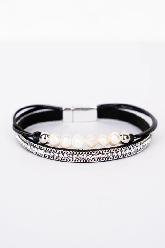 Bracelets with hematite for sleek metallic sheen -Crystal Avenue Freshwater Pearl Black Multi-Strand Magnetic Bracelet