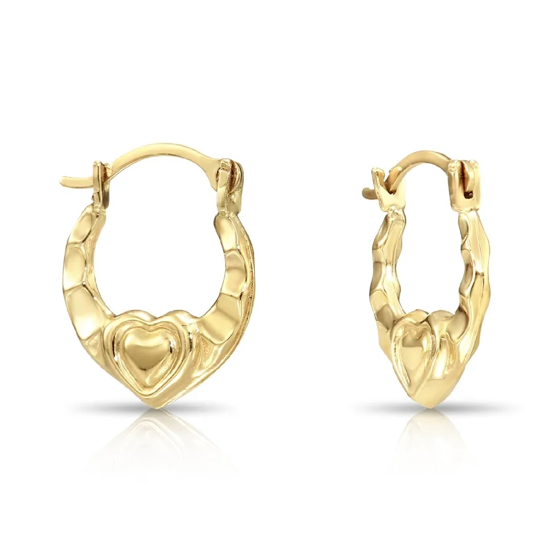 Screw Back Drop Earrings for Security -10K Yellow Gold Baby Heart Hoop Earrings, 12mm