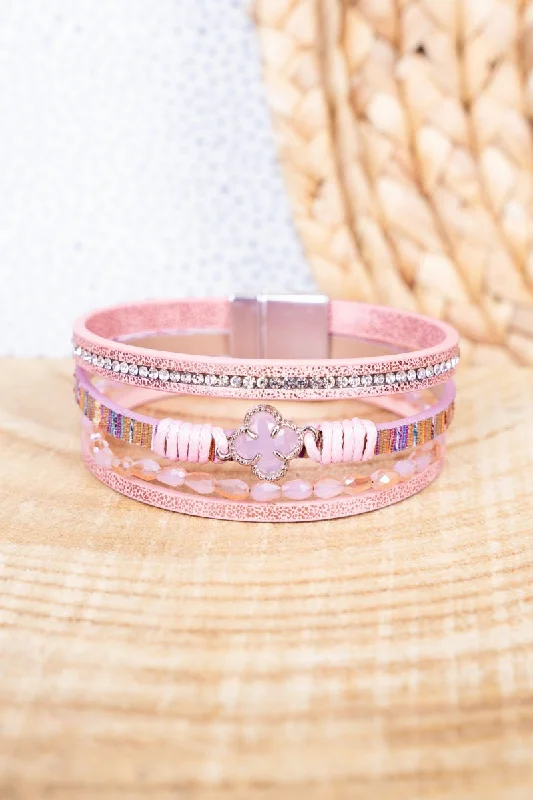 Bangles with bold onyx stones for contrast -Viola Pink Clover Goldtone Multi-Strand Magnetic Bracelet