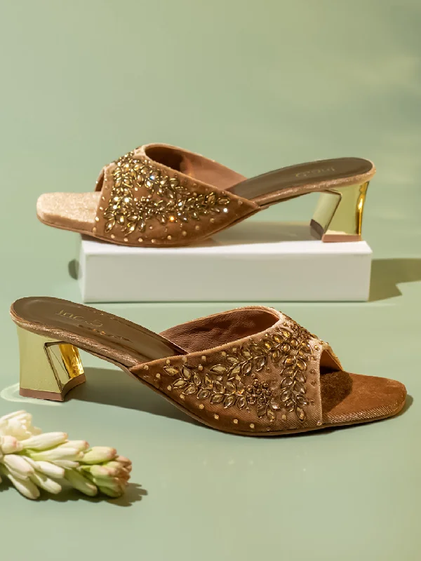 Boho-inspired sandals for women with braided straps and earthy tones-Women Beige Embellished Party Block Heels