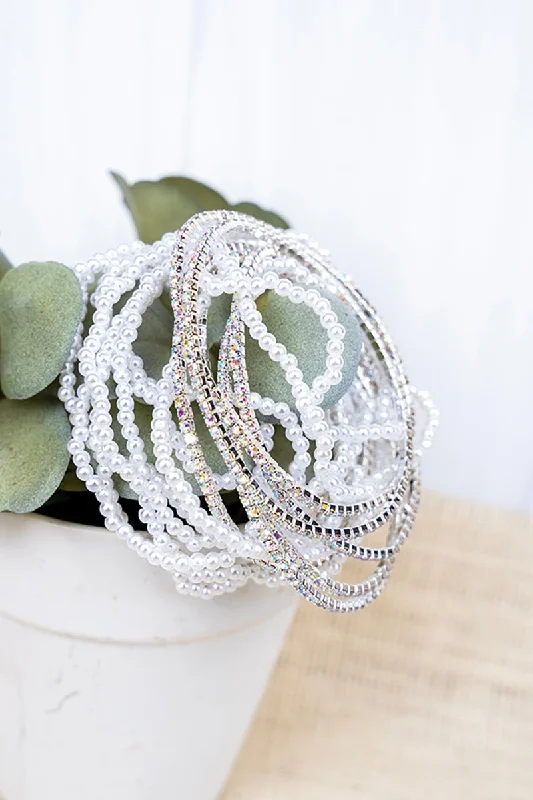 Bangles with rose-cut gems for vintage -Crystal Avenue Stacked Pearls and Rhinestone Beaded Bracelet Set