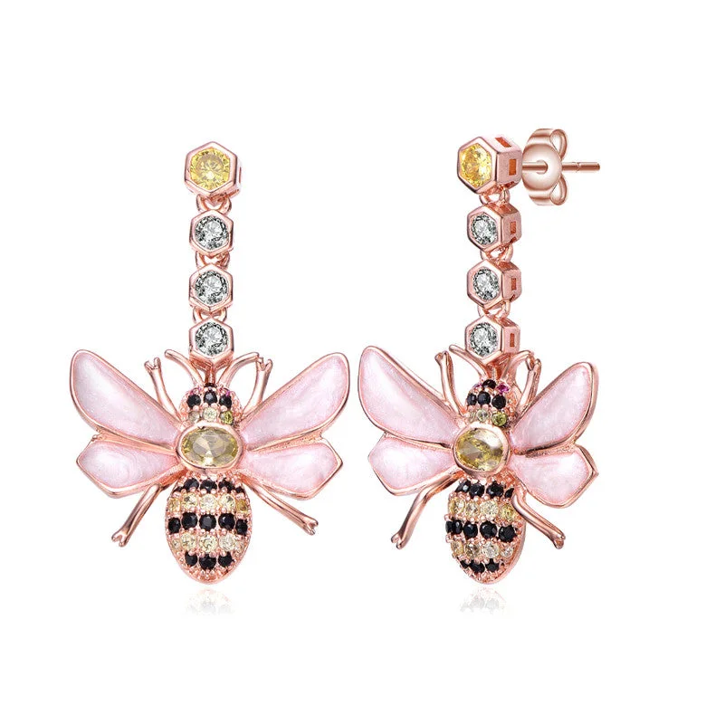 Bohemian Drop Earrings with Tassels -Sterling Silver 18K Rose Plated with Colored Cubic Zirconia Dangling Bee Earrings