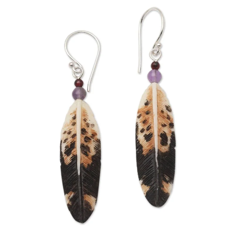 Bohemian Drop Earrings with Tassels -NOVICA Fascinating Feathers, Bone and amethyst dangle earrings - 2.2*0.4